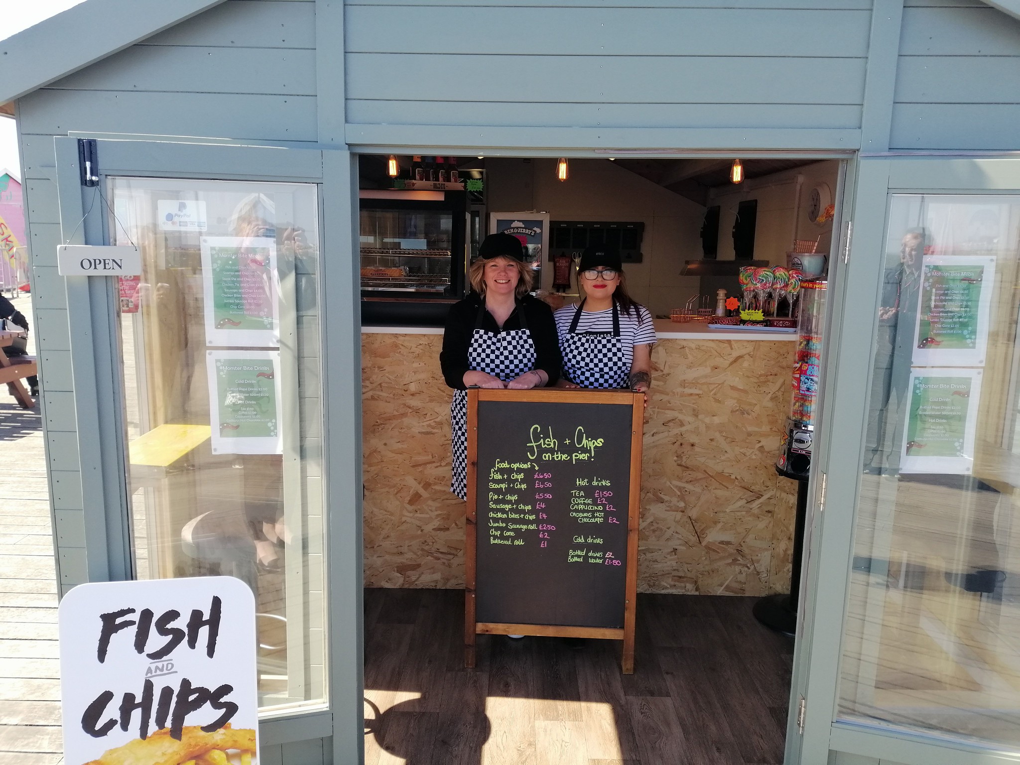 Fish and chips beach hut on Southend Pier in Southend-on-Sea.
